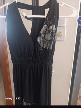 Dots Y2K Black Halter Maxi Dress Rhinestone Floral Foil Size M